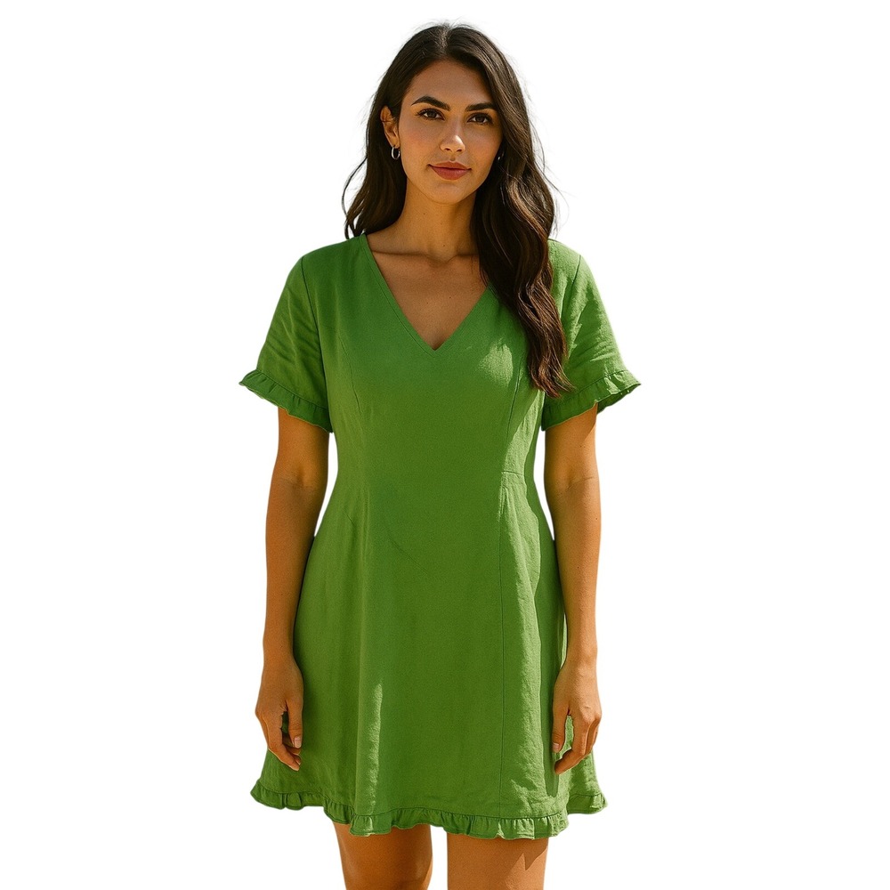 Maree Pour Toi Green Linen Blend‎ Ruffle Hem V-Neck Mini Dress 16W NEW